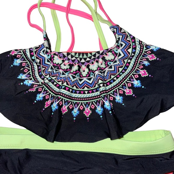Angel Beach Girls 2 Pc Swimsuit Girls Size 10 Black Pink Green Aztec Print - Picture 3 of 5